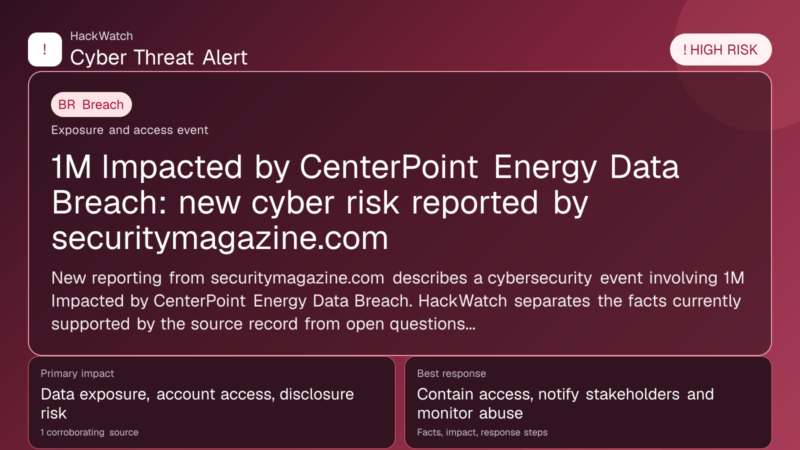 1M Impacted by CenterPoint Energy Data Breach: new cyber risk reported by securitymagazine.com - HackWatch breach alert image