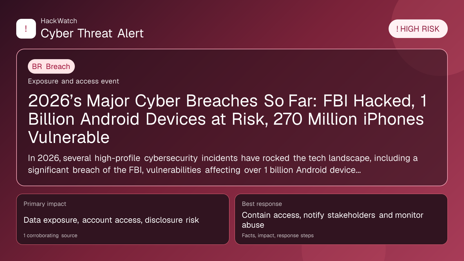 2026’s Major Cyber Breaches So Far: FBI Hacked, 1 Billion Android Devices at Risk, 270 Million iPhones Vulnerable - HackWatch breach alert image