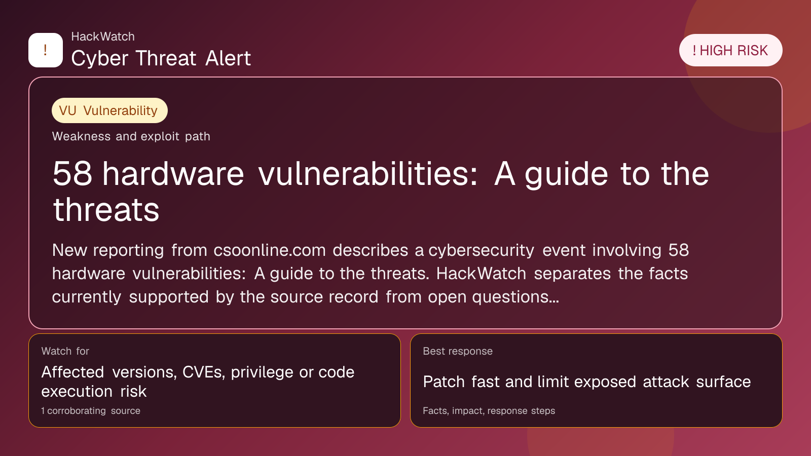 58 hardware vulnerabilities: A guide to the threats - HackWatch vulnerability alert image