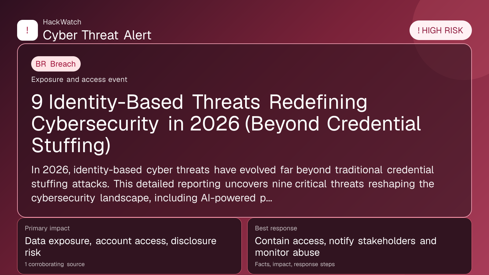 9 Identity-Based Threats Redefining Cybersecurity in 2026 (Beyond Credential Stuffing) - HackWatch breach alert image