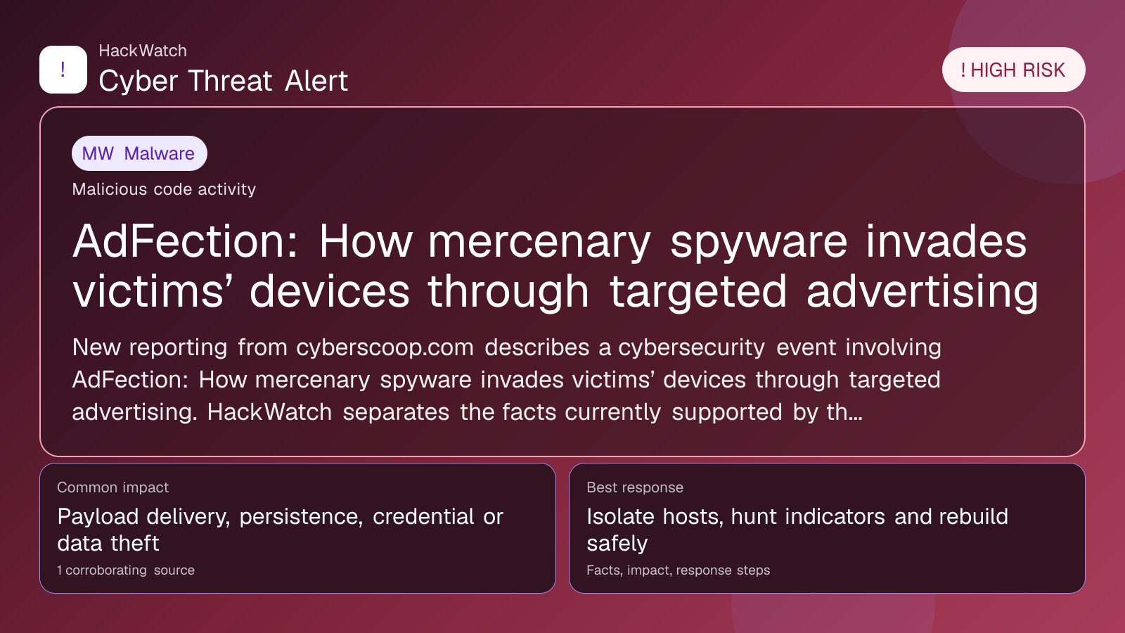 AdFection: How mercenary spyware invades victims’ devices through targeted advertising - HackWatch malware alert image