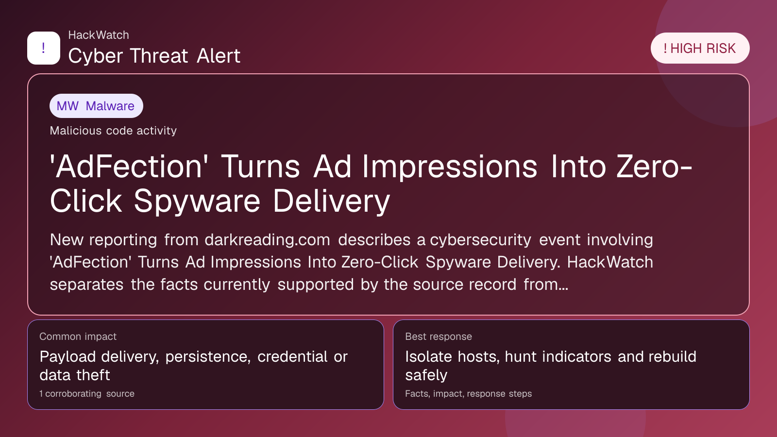 'AdFection' Turns Ad Impressions Into Zero-Click Spyware Delivery - HackWatch malware alert image