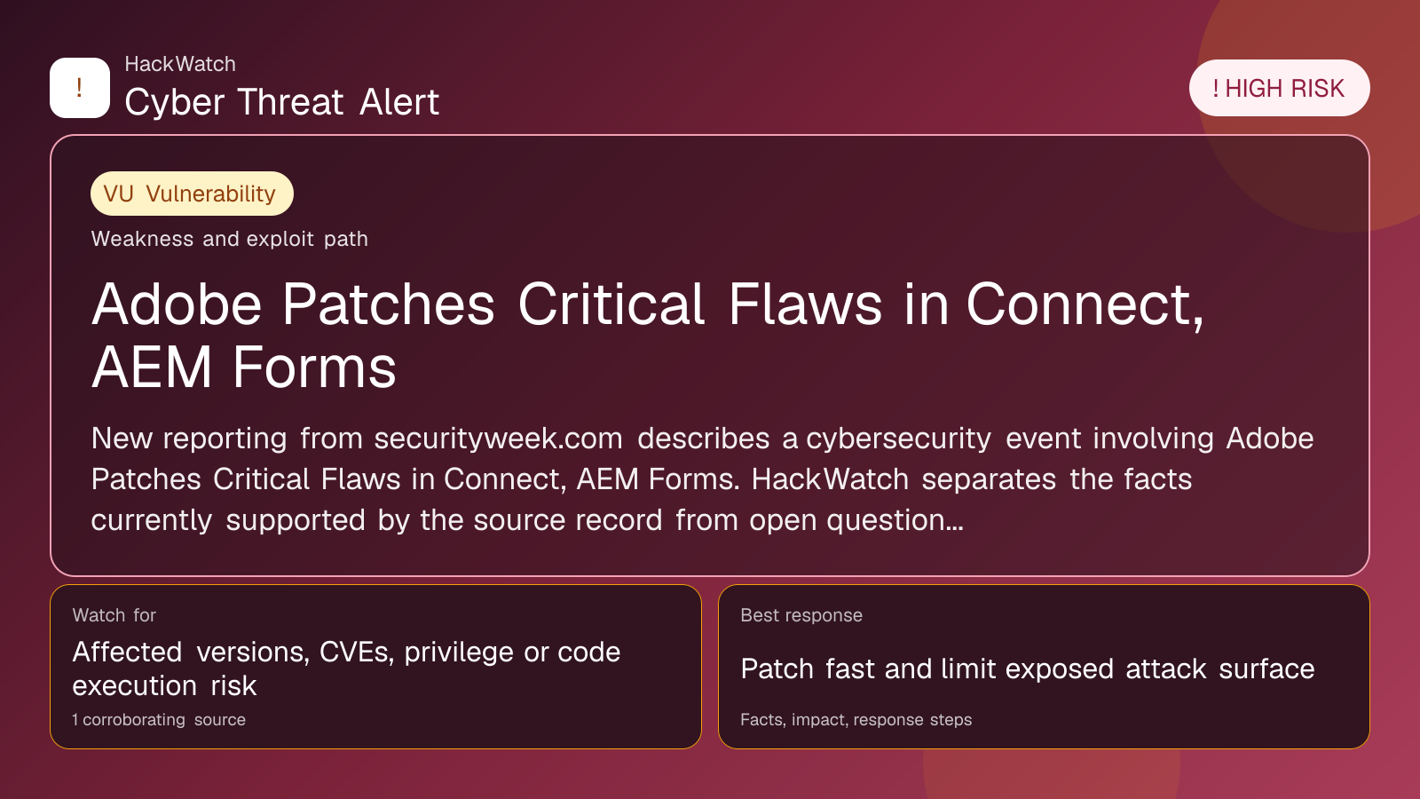 Adobe Patches Critical Flaws in Connect, AEM Forms - HackWatch vulnerability alert image