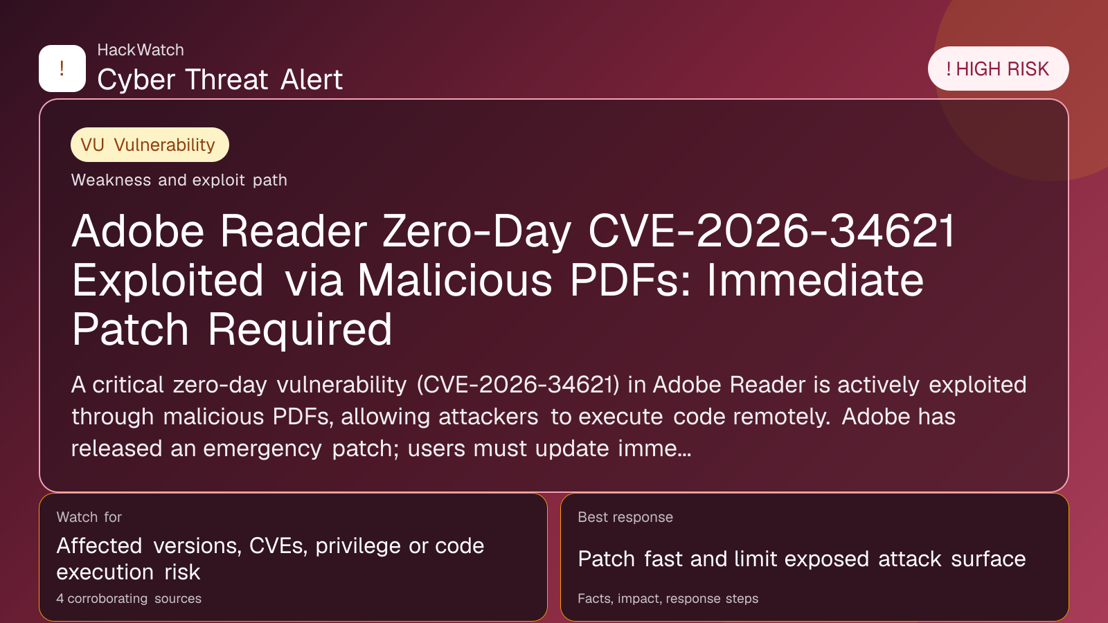Adobe Reader Zero-Day CVE-2026-34621 Exploited via Malicious PDFs: Immediate Patch Required - HackWatch vulnerability alert image