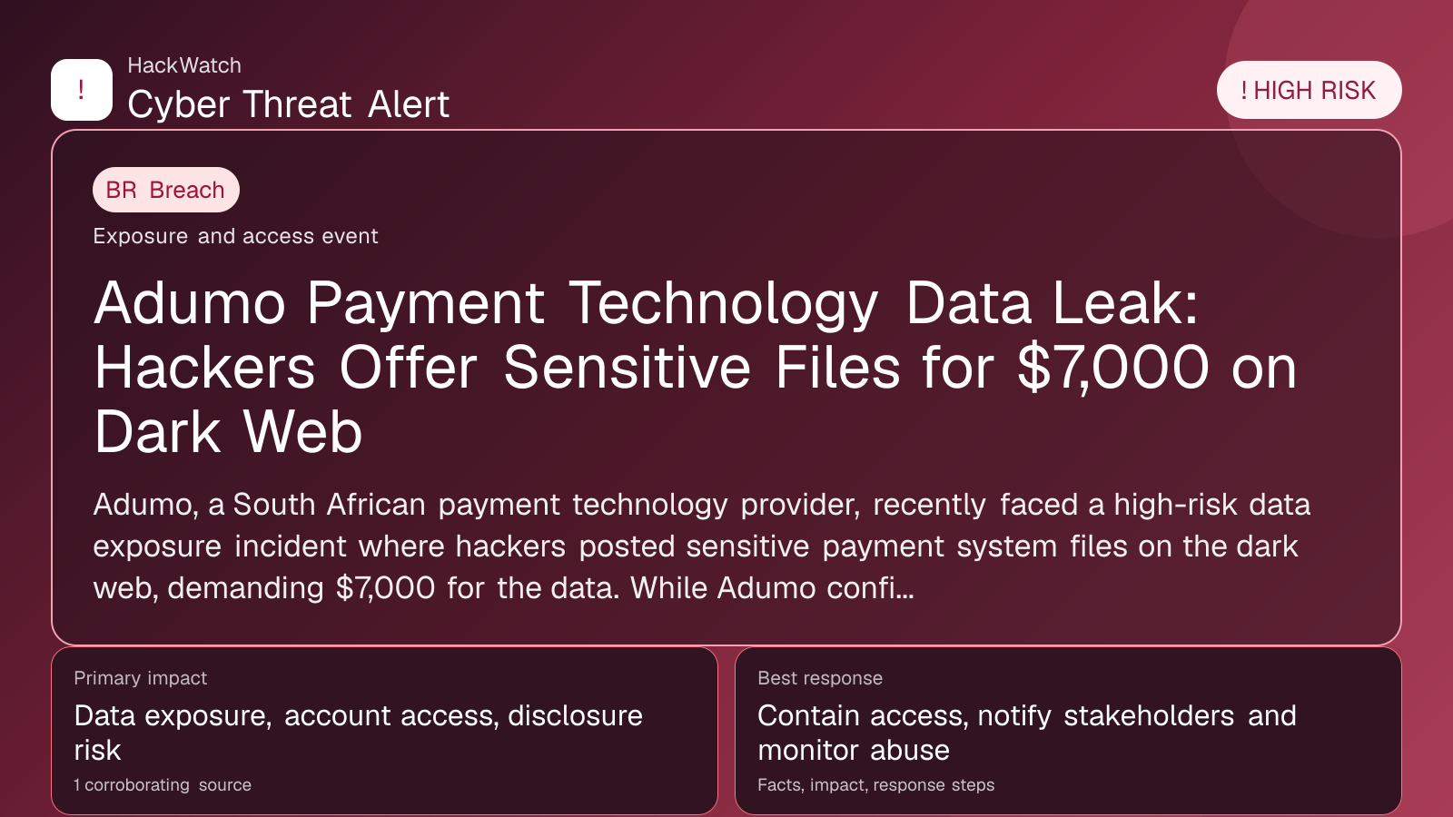 Adumo Payment Technology Data Leak: Hackers Offer Sensitive Files for $7,000 on Dark Web - HackWatch breach alert image
