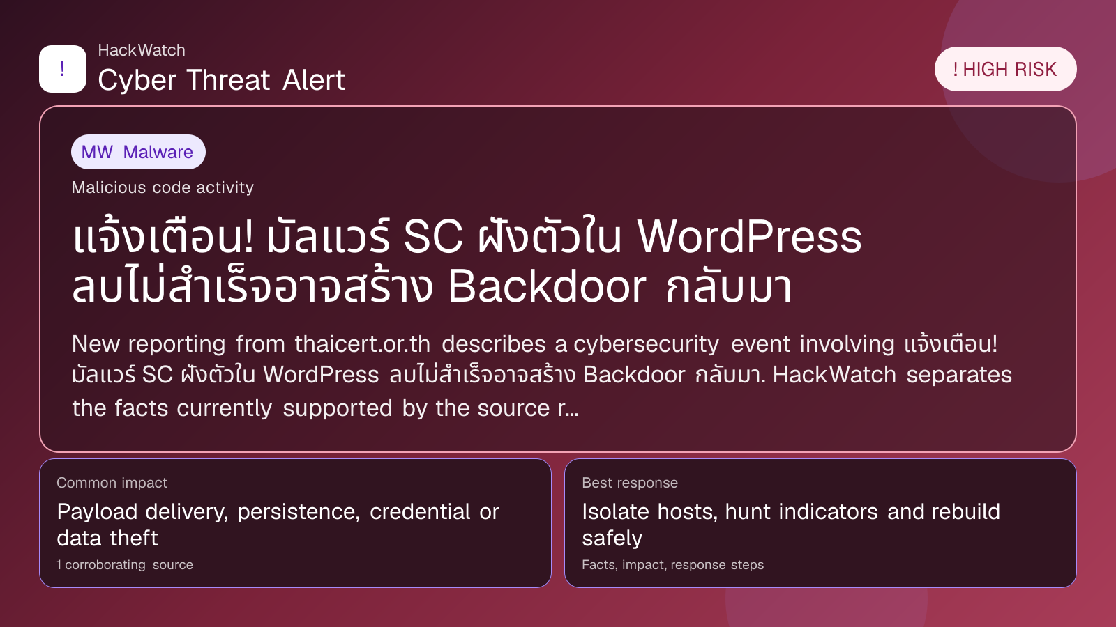 แจ้งเตือน! มัลแวร์ SC ฝังตัวใน WordPress ลบไม่สำเร็จอาจสร้าง Backdoor กลับมา - HackWatch malware alert image