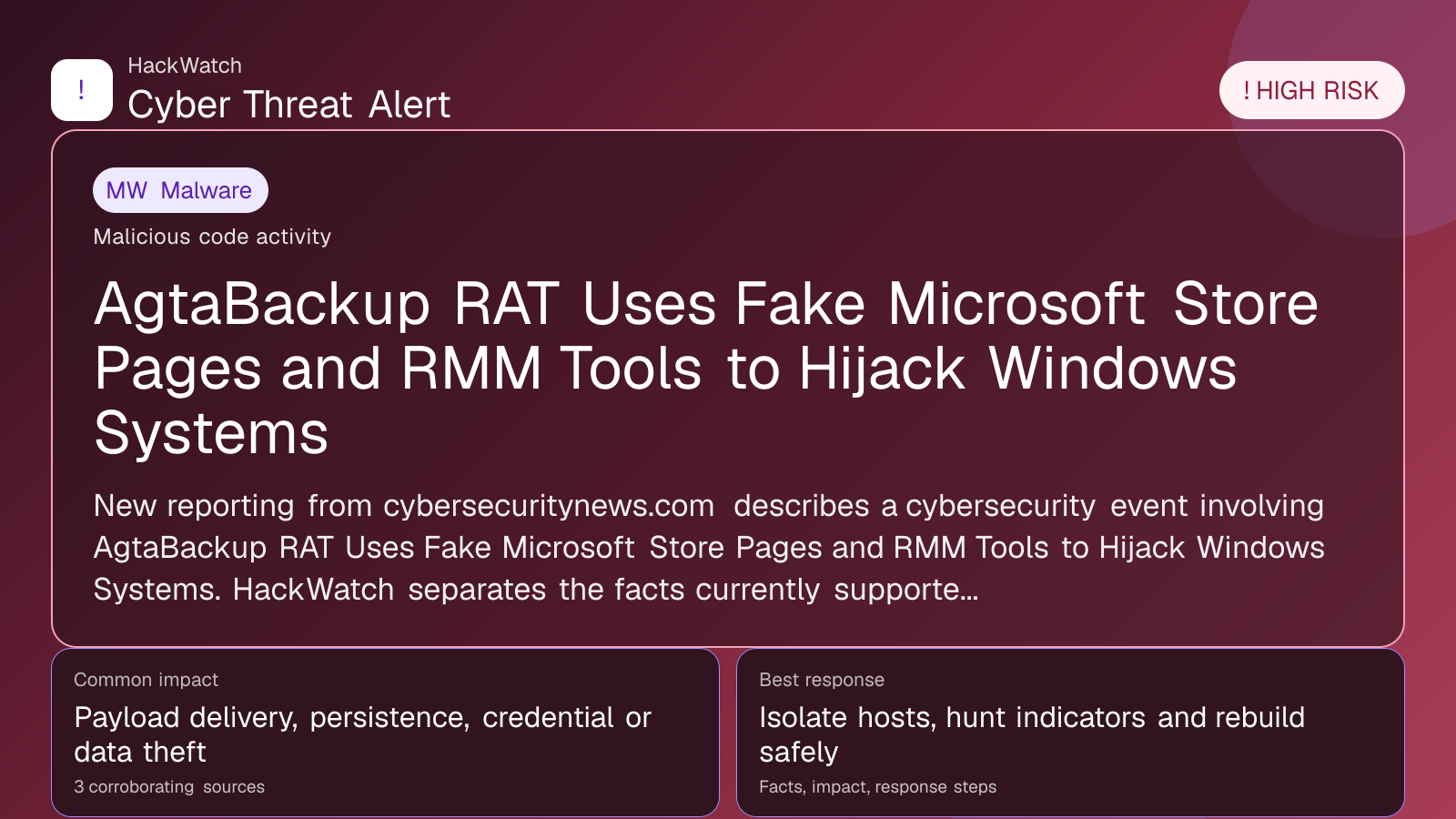 AgtaBackup RAT Uses Fake Microsoft Store Pages and RMM Tools to Hijack Windows Systems - HackWatch malware alert image