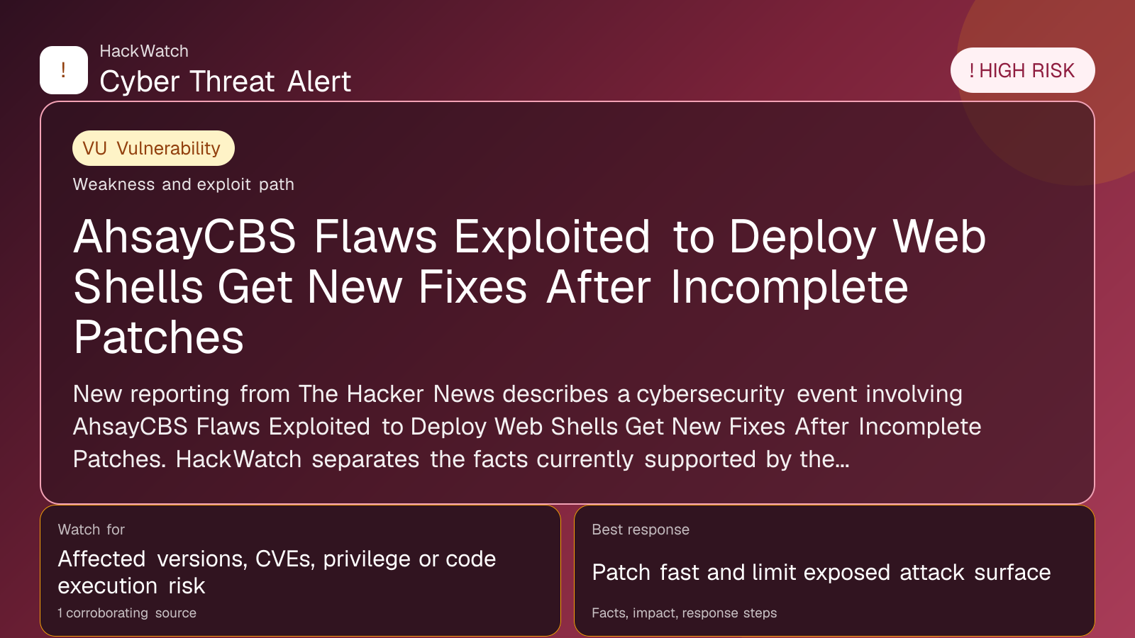 AhsayCBS Flaws Exploited to Deploy Web Shells Get New Fixes After Incomplete Patches - HackWatch vulnerability alert image