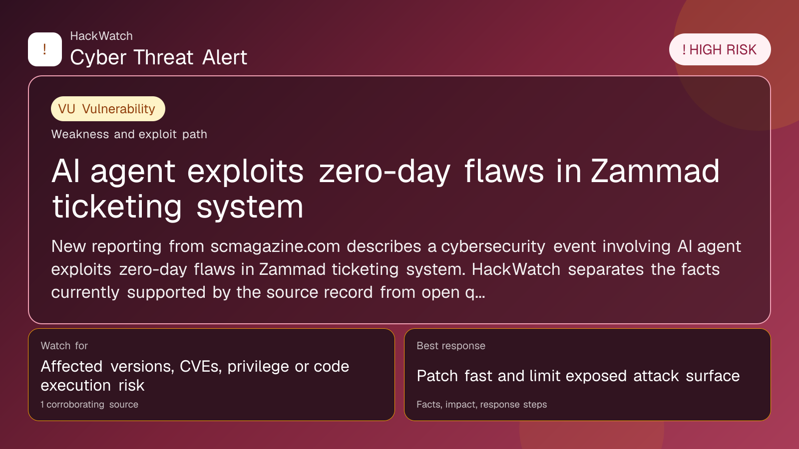 AI agent exploits zero-day flaws in Zammad ticketing system - HackWatch vulnerability alert image