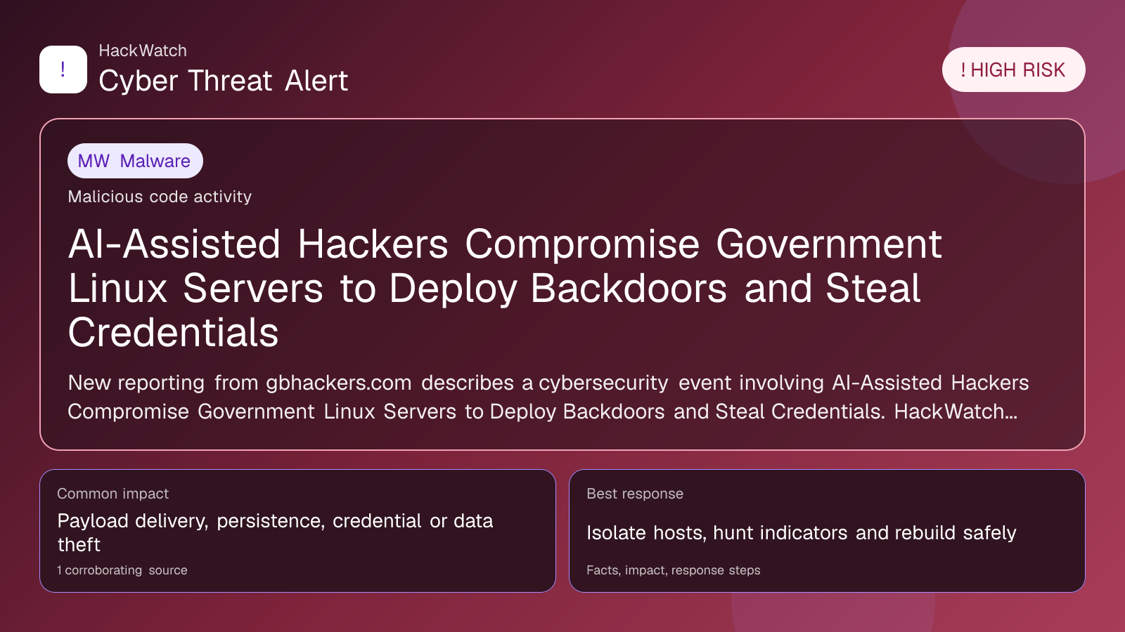 AI-Assisted Hackers Compromise Government Linux Servers to Deploy Backdoors and Steal Credentials - HackWatch malware alert image