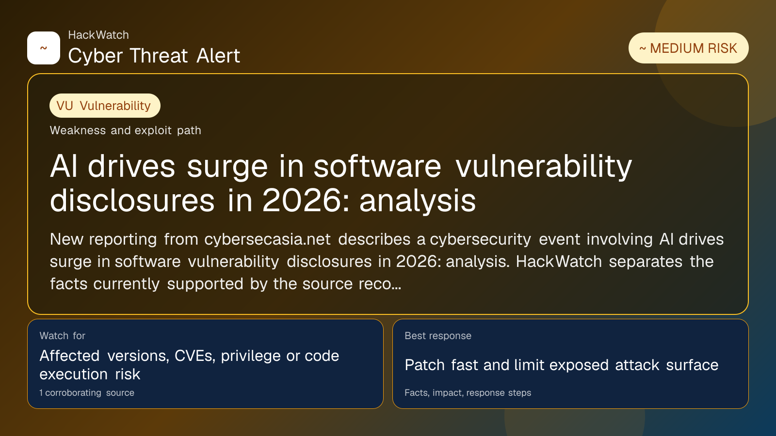 AI drives surge in software vulnerability disclosures in 2026: analysis - HackWatch vulnerability alert image