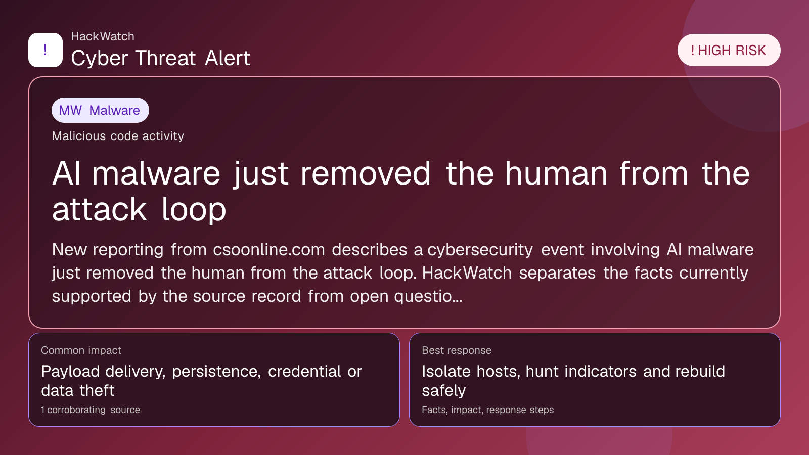 AI malware just removed the human from the attack loop - HackWatch malware alert image