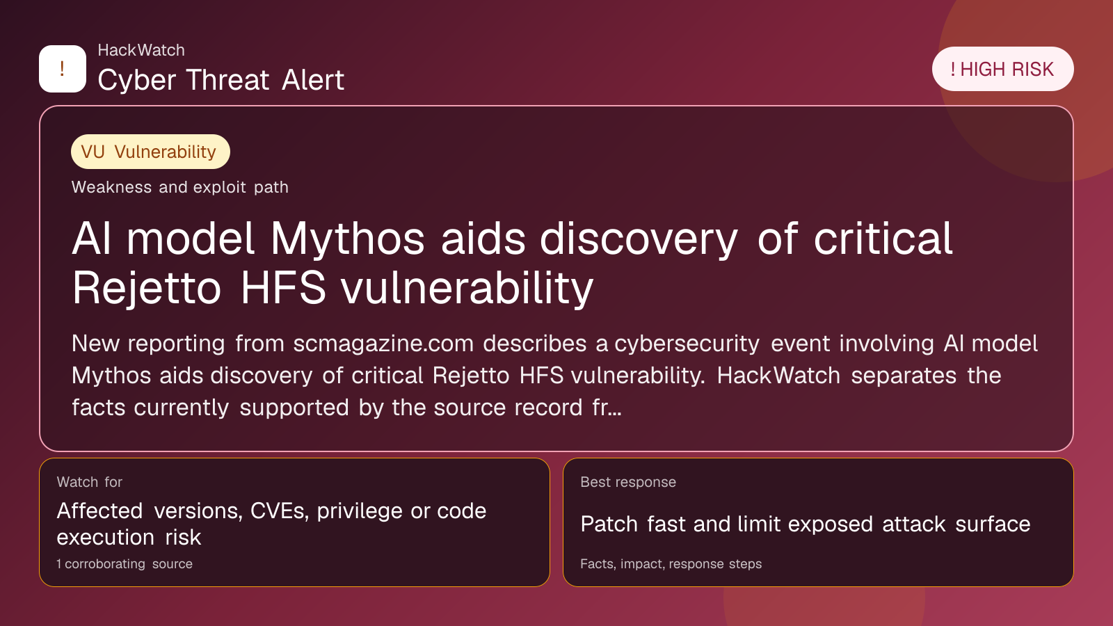 AI model Mythos aids discovery of critical Rejetto HFS vulnerability - HackWatch vulnerability alert image
