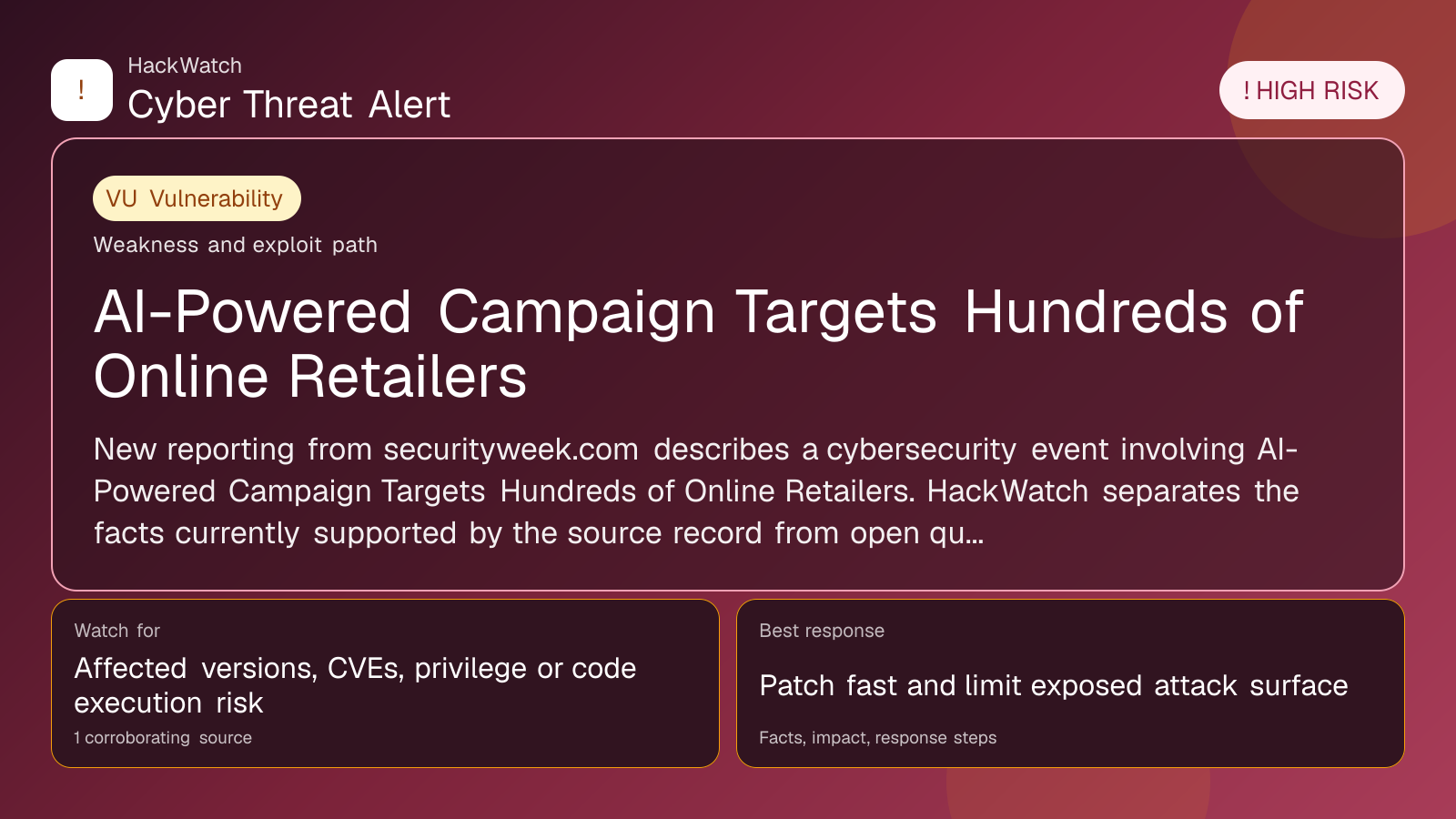 AI-Powered Campaign Targets Hundreds of Online Retailers - HackWatch vulnerability alert image