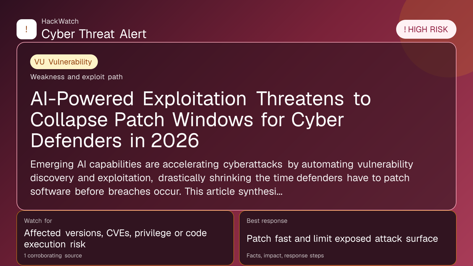 AI-Powered Exploitation Threatens to Collapse Patch Windows for Cyber Defenders in 2026 - HackWatch vulnerability alert image