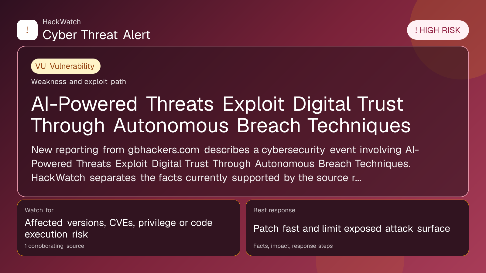 AI-Powered Threats Exploit Digital Trust Through Autonomous Breach Techniques - HackWatch vulnerability alert image