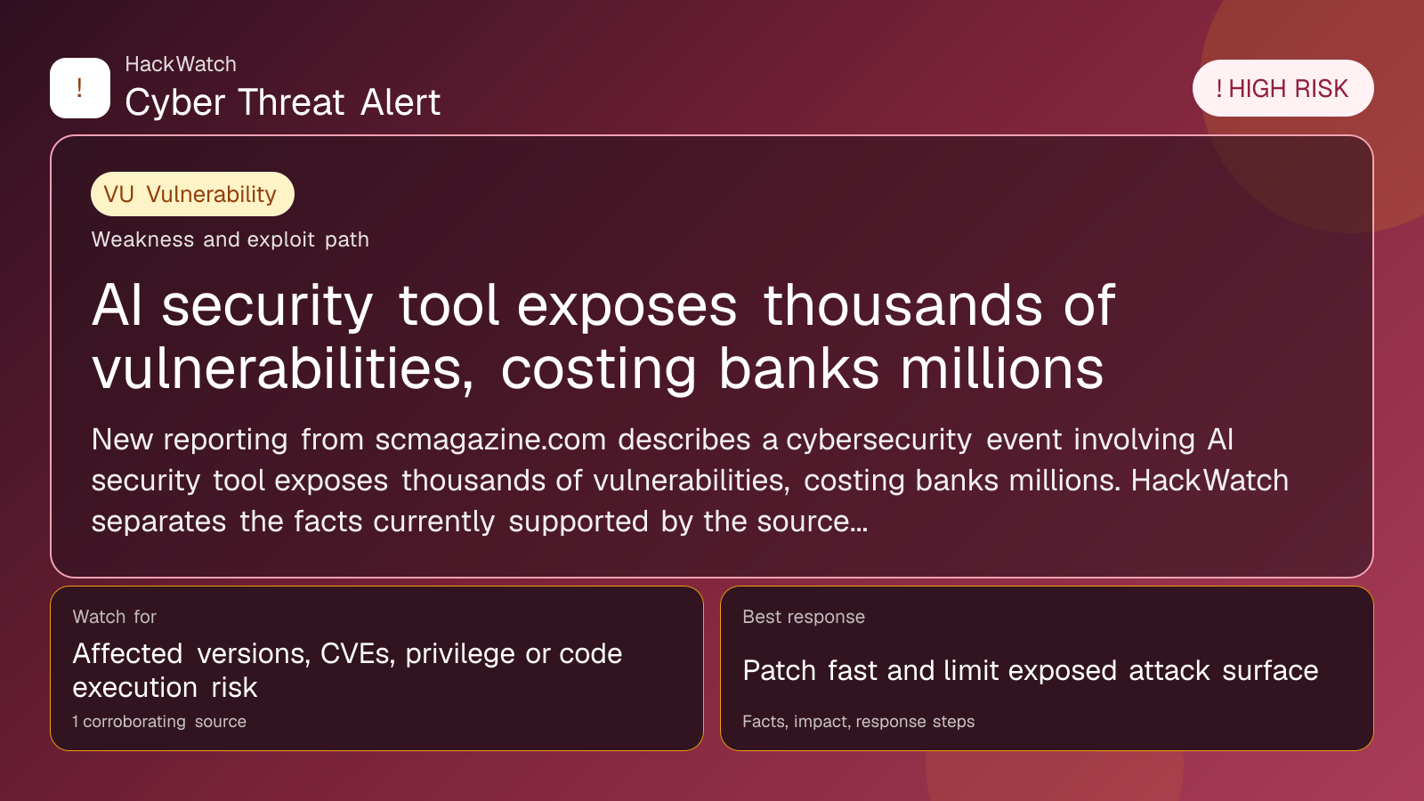 AI security tool exposes thousands of vulnerabilities, costing banks millions - HackWatch vulnerability alert image