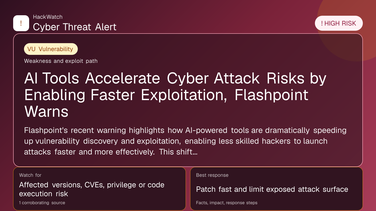 AI Tools Accelerate Cyber Attack Risks by Enabling Faster Exploitation, Flashpoint Warns - HackWatch vulnerability alert image