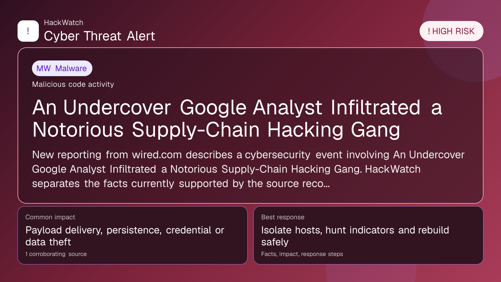 An Undercover Google Analyst Infiltrated a Notorious Supply-Chain Hacking Gang - HackWatch malware alert image