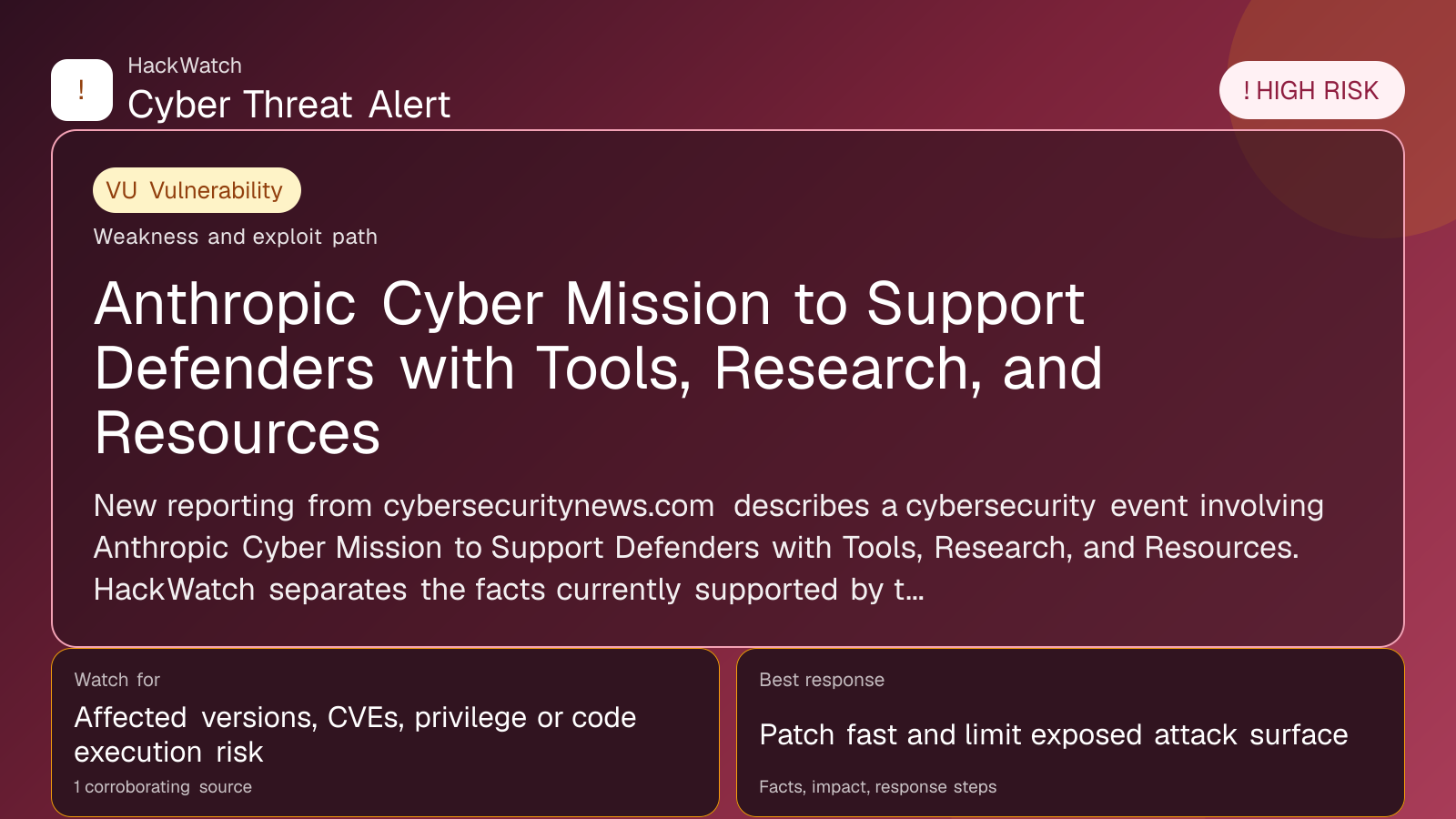 Anthropic Cyber Mission to Support Defenders with Tools, Research, and Resources - HackWatch vulnerability alert image