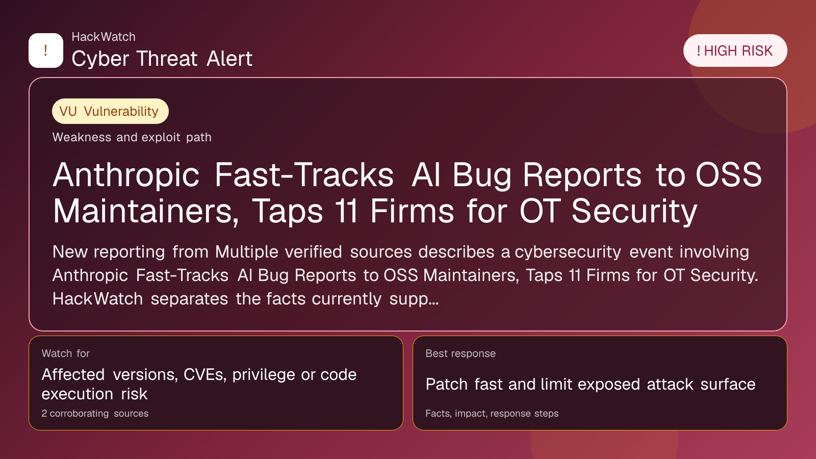 Anthropic Fast-Tracks AI Bug Reports to OSS Maintainers, Taps 11 Firms for OT Security - HackWatch vulnerability alert image