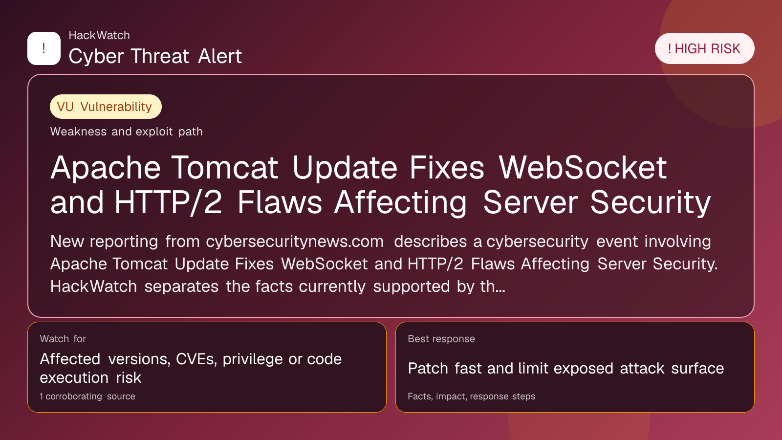 Apache Tomcat Update Fixes WebSocket and HTTP/2 Flaws Affecting Server Security - HackWatch vulnerability alert image