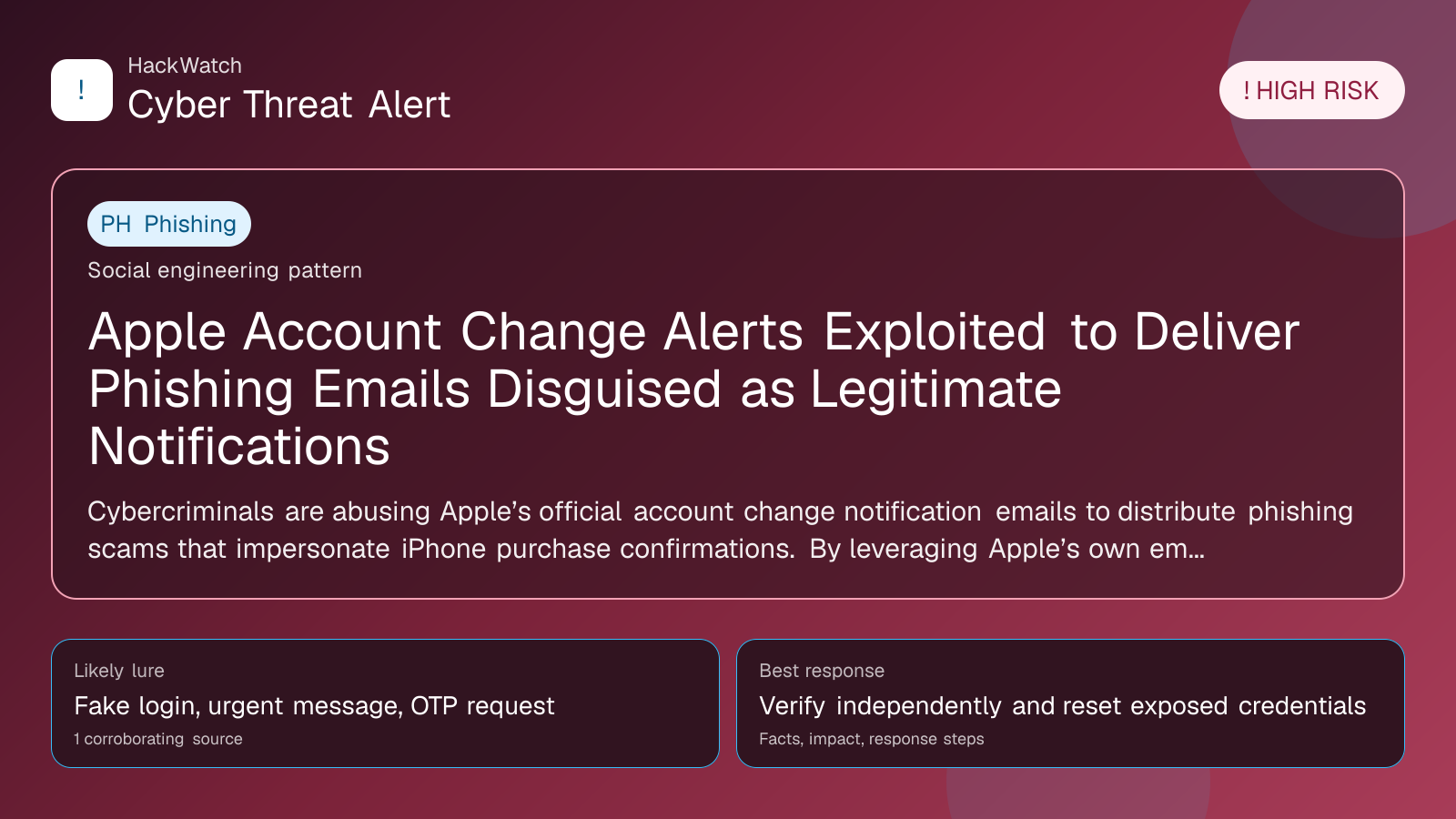 Apple Account Change Alerts Exploited to Deliver Phishing Emails Disguised as Legitimate Notifications - HackWatch phishing alert image