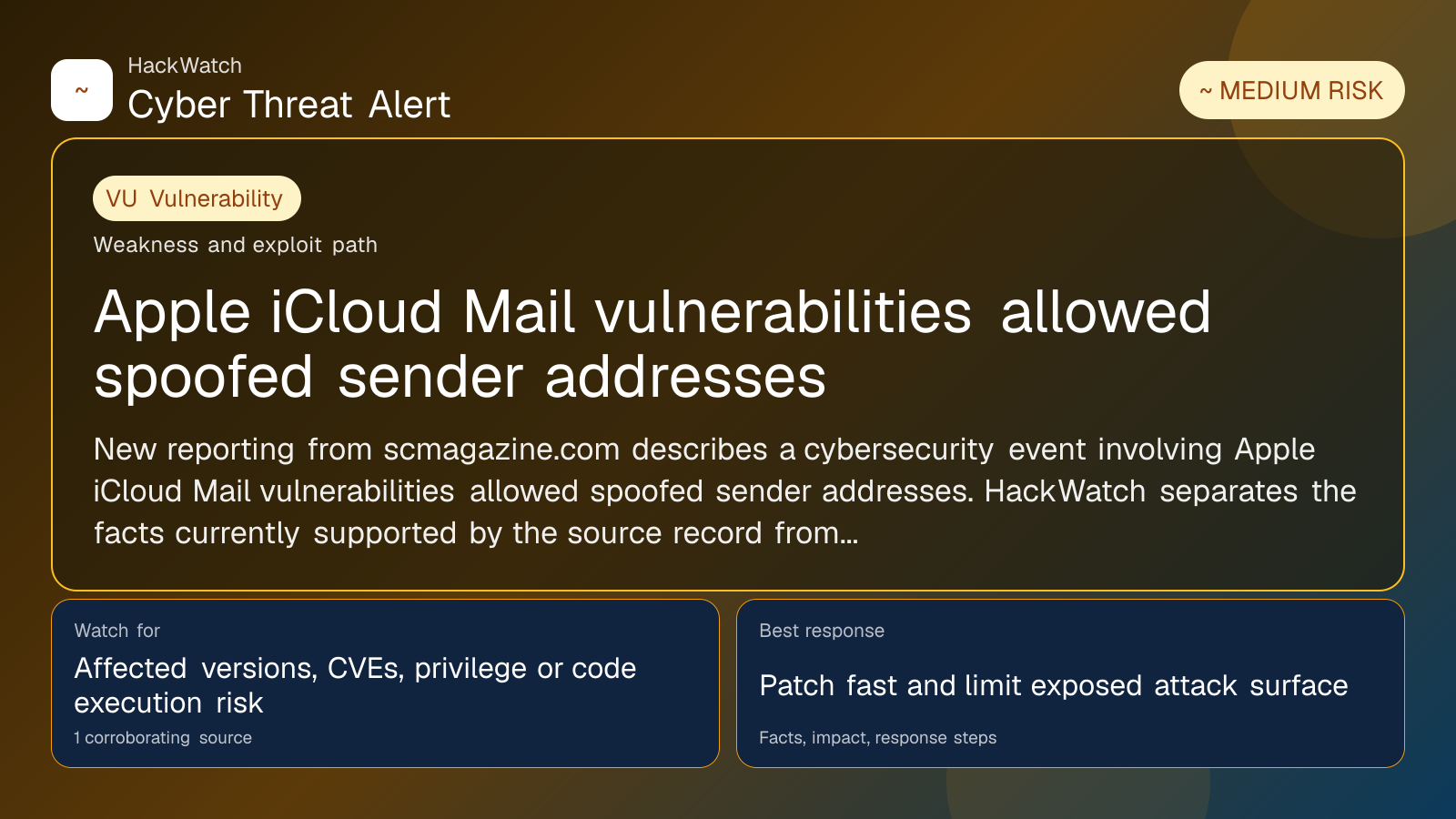 Apple iCloud Mail vulnerabilities allowed spoofed sender addresses - HackWatch vulnerability alert image