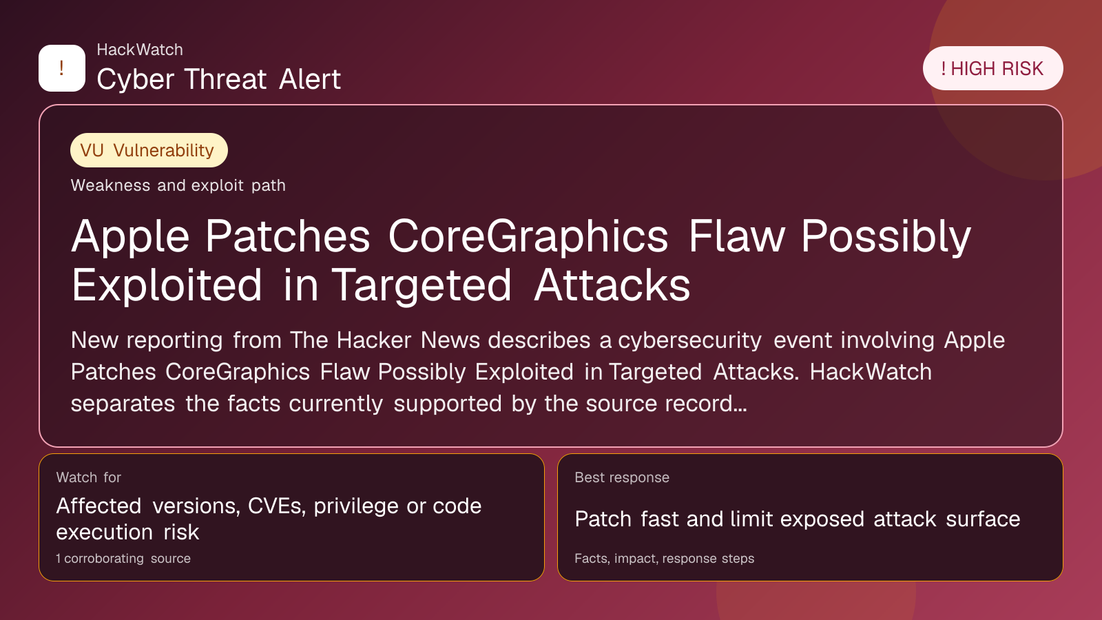 Apple Patches CoreGraphics Flaw Possibly Exploited in Targeted Attacks - HackWatch vulnerability alert image