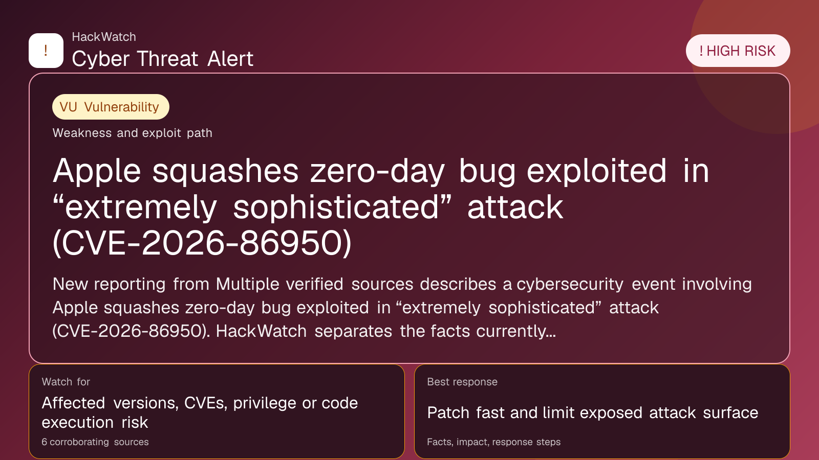 Apple squashes zero-day bug exploited in “extremely sophisticated” attack (CVE-2026-86950) - HackWatch vulnerability alert image