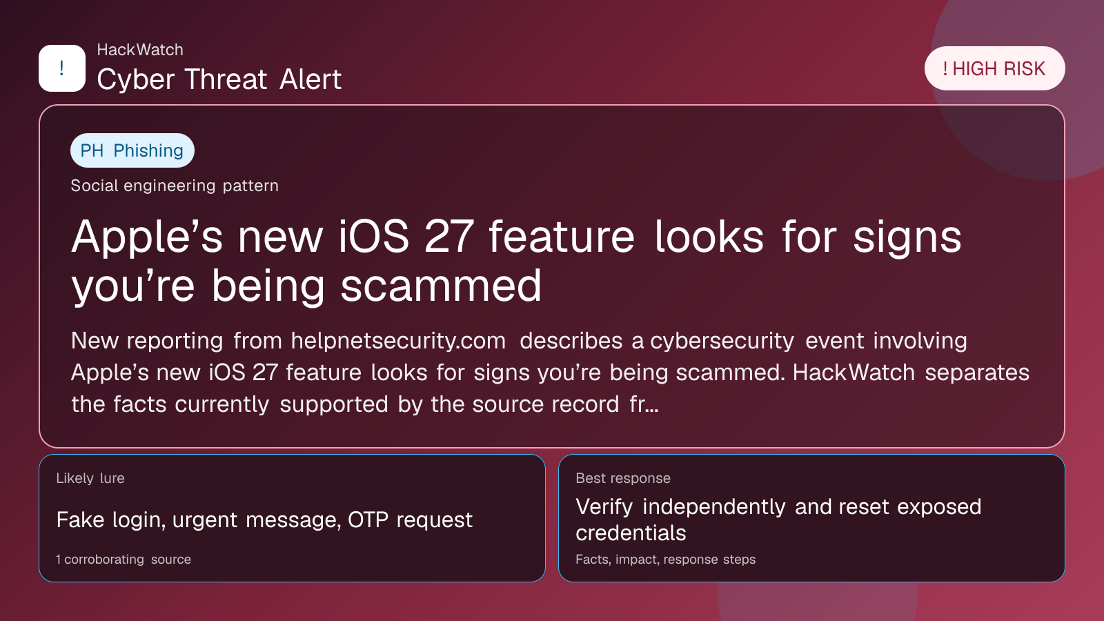 Apple’s new iOS 27 feature looks for signs you’re being scammed - HackWatch phishing alert image