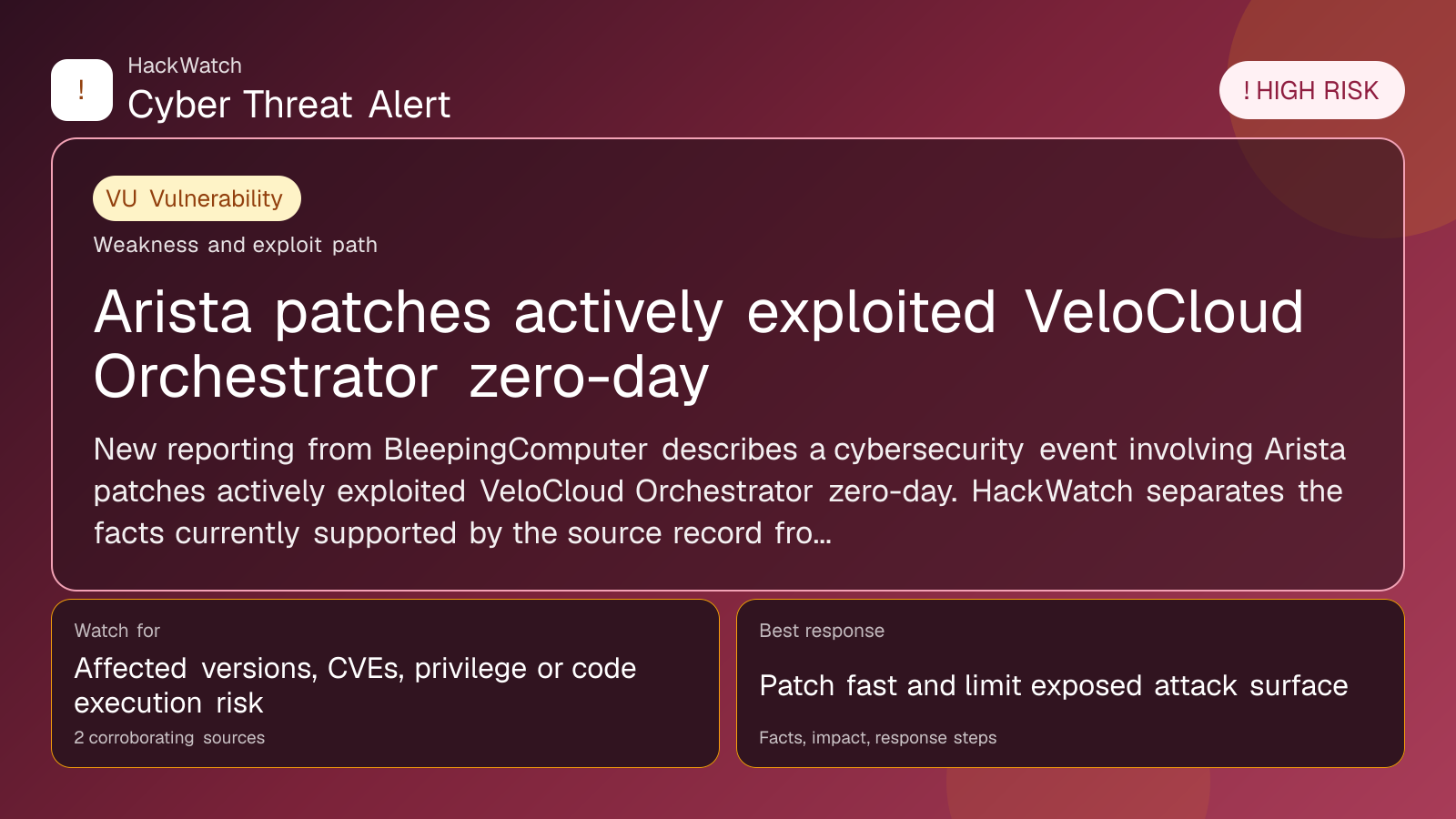 Arista patches actively exploited VeloCloud Orchestrator zero-day - HackWatch vulnerability alert image