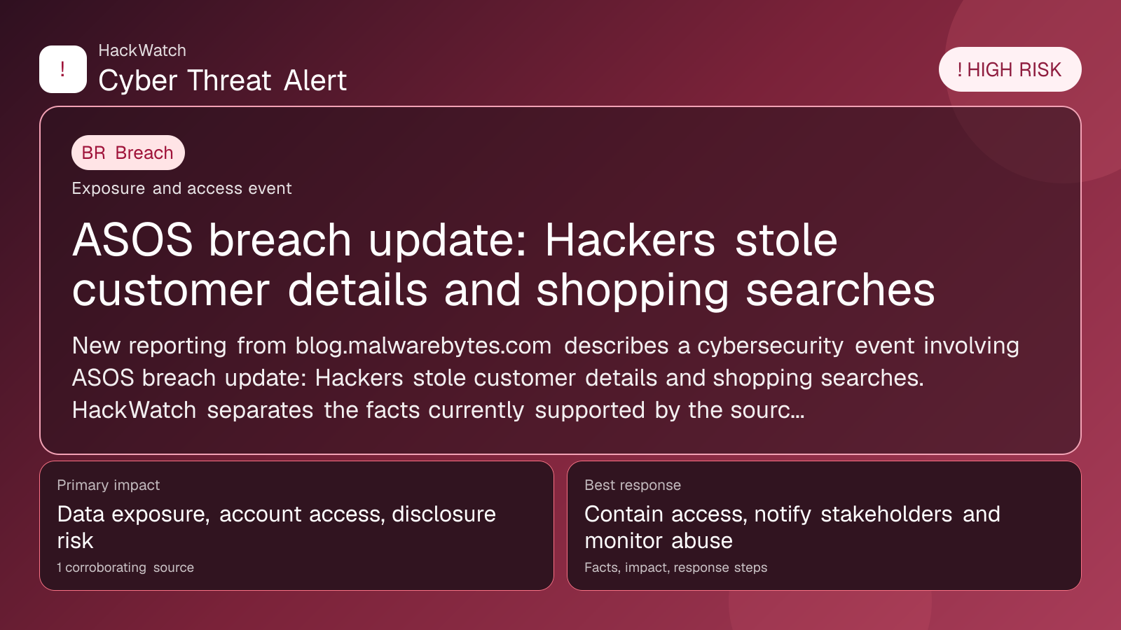 ASOS breach update: Hackers stole customer details and shopping searches - HackWatch breach alert image
