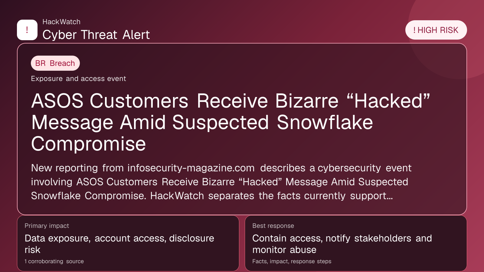 ASOS Customers Receive Bizarre “Hacked” Message Amid Suspected Snowflake Compromise - HackWatch breach alert image