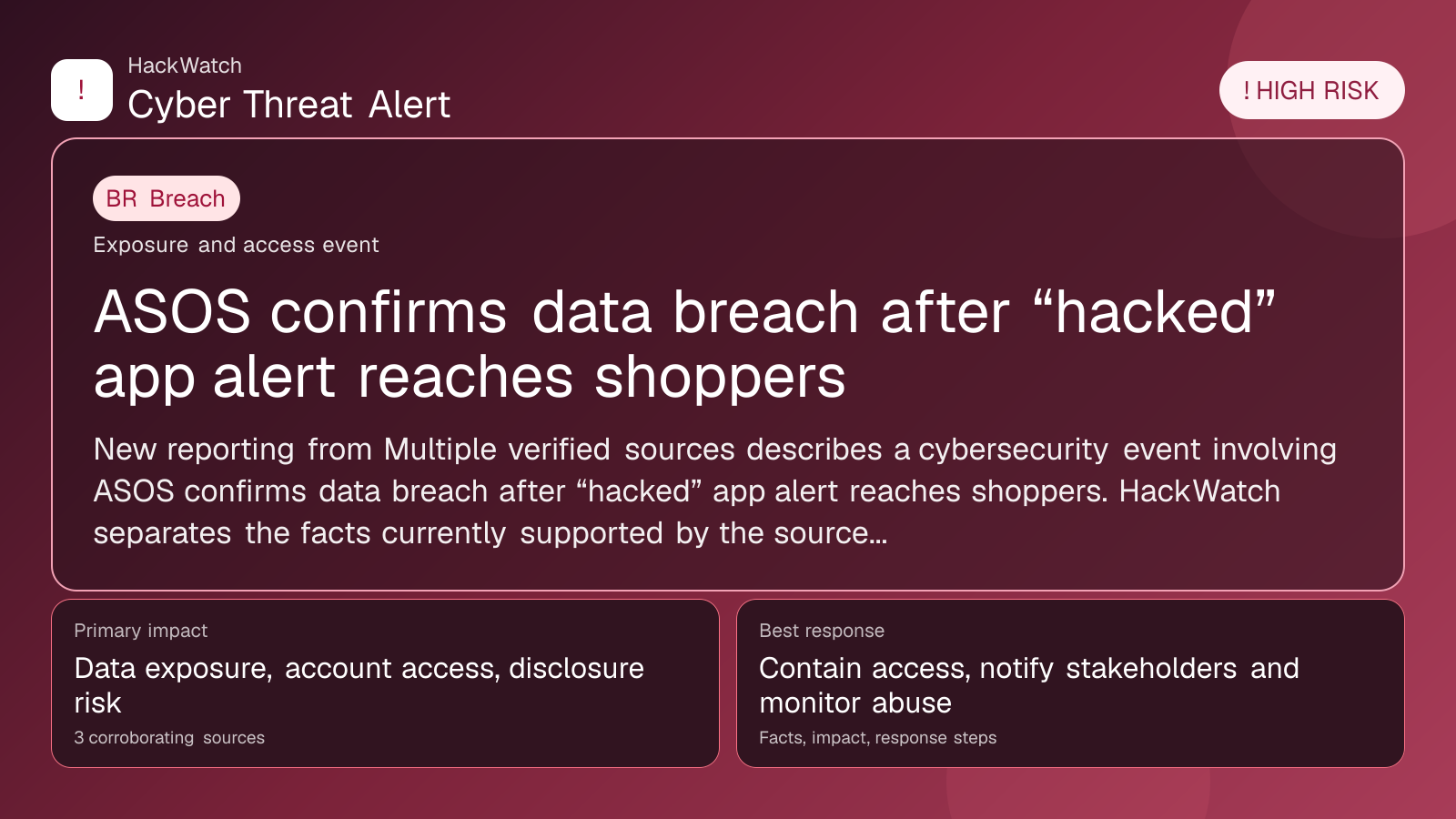 ASOS confirms data breach after “hacked” app alert reaches shoppers - HackWatch breach alert image