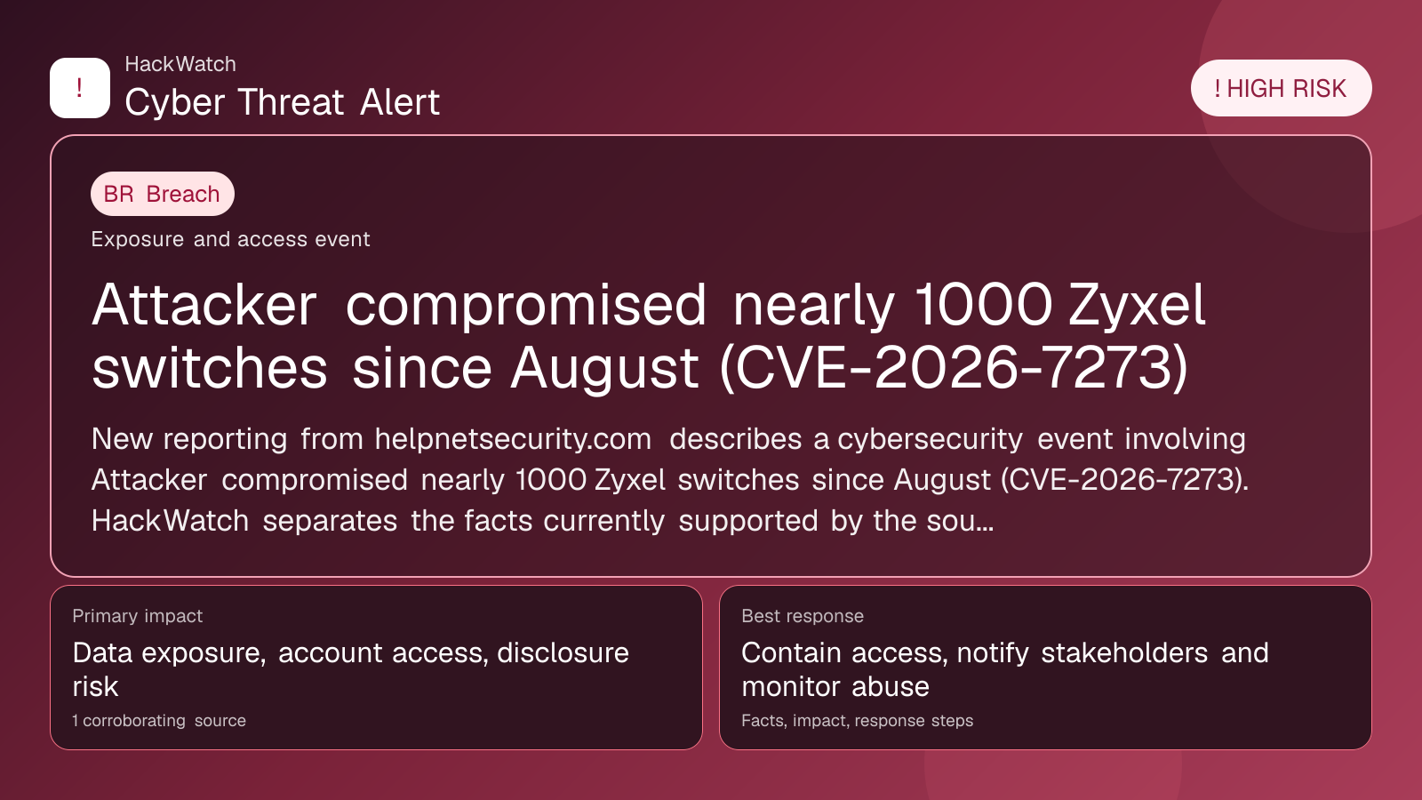 Attacker compromised nearly 1000 Zyxel switches since August (CVE-2026-7273) - HackWatch breach alert image