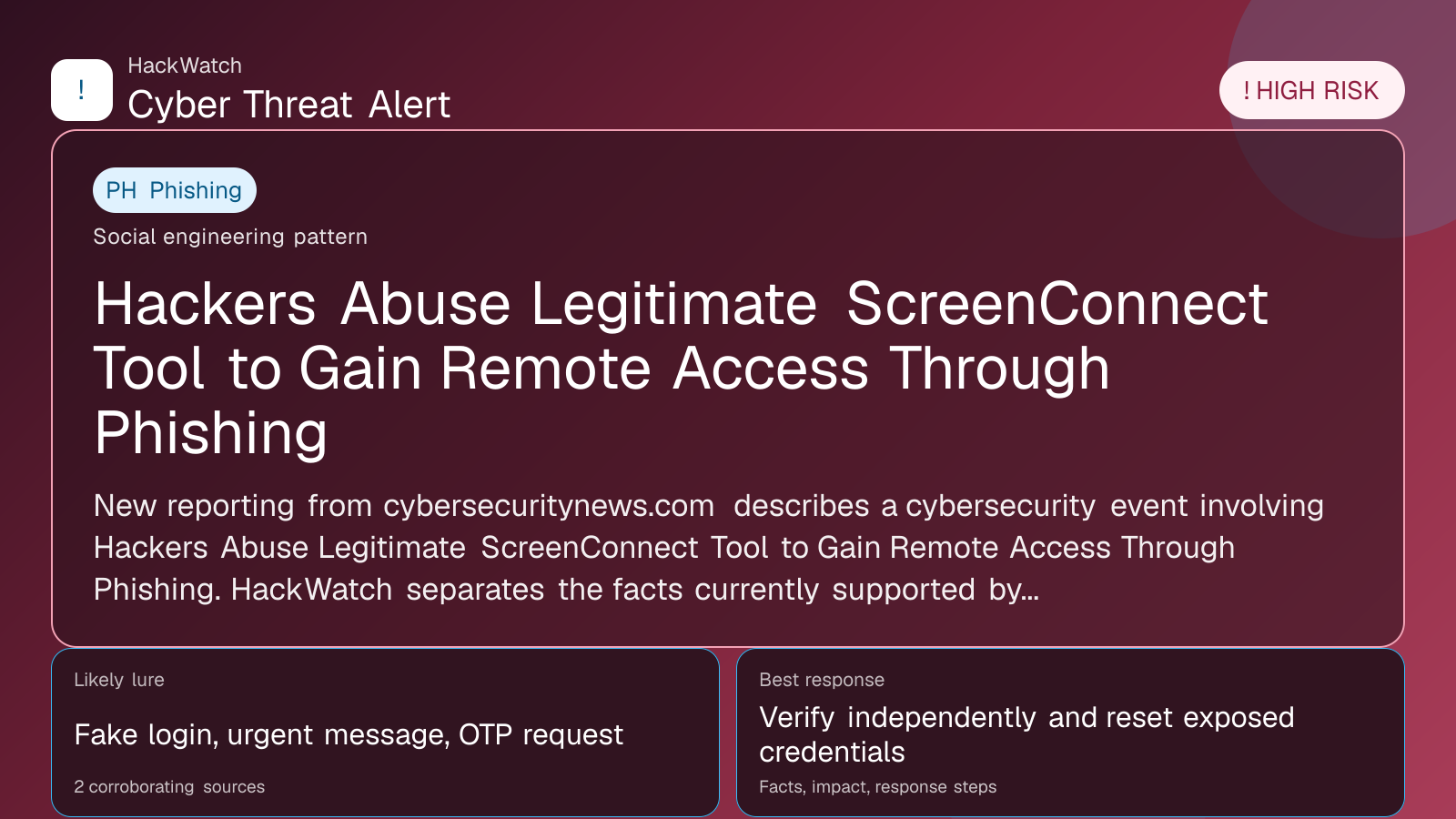 Hackers Abuse Legitimate ScreenConnect Tool to Gain Remote Access Through Phishing - HackWatch phishing alert image