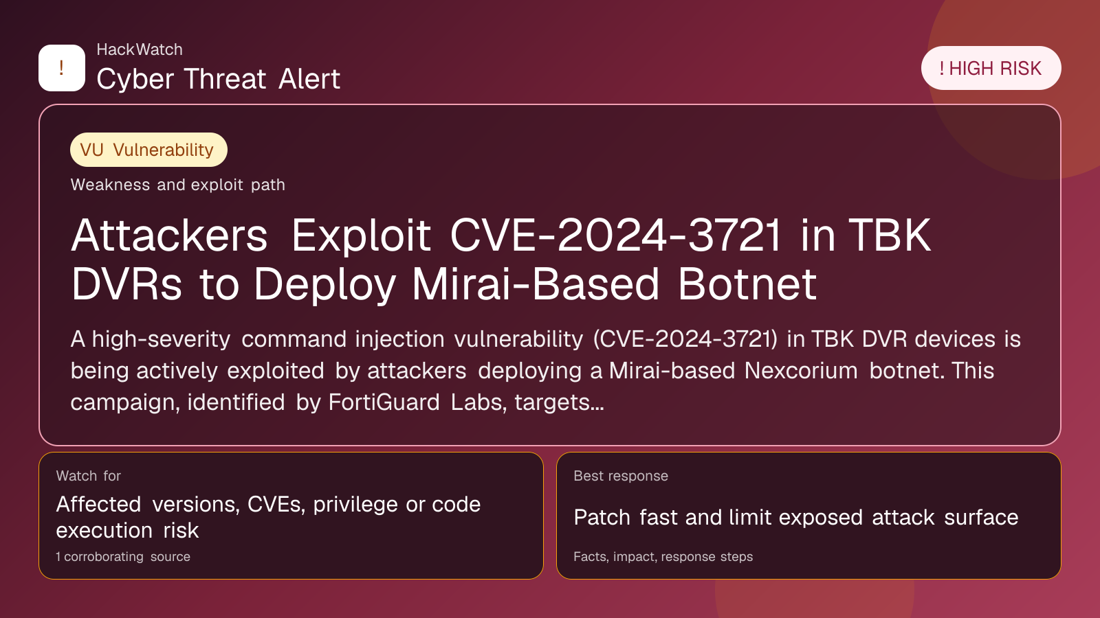 Attackers Exploit CVE-2024-3721 in TBK DVRs to Deploy Mirai-Based Botnet - HackWatch vulnerability alert image