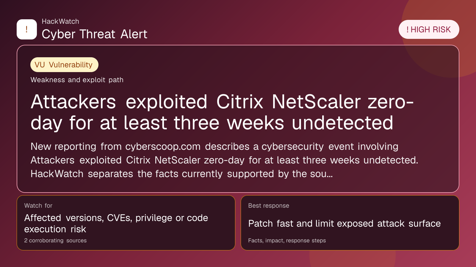 Attackers exploited Citrix NetScaler zero-day for at least three weeks undetected - HackWatch vulnerability alert image