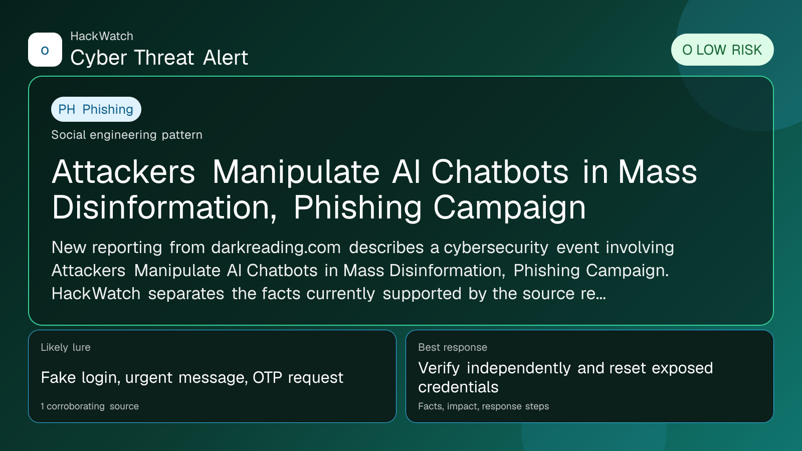 Attackers Manipulate AI Chatbots in Mass Disinformation, Phishing Campaign - HackWatch phishing alert image