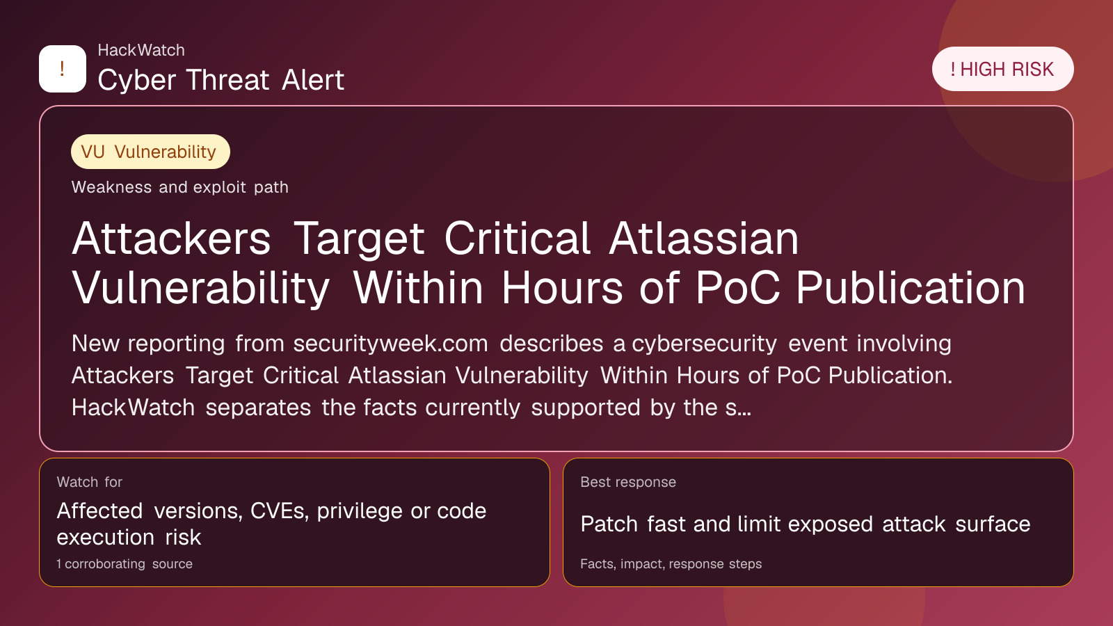 Attackers Target Critical Atlassian Vulnerability Within Hours of PoC Publication - HackWatch vulnerability alert image