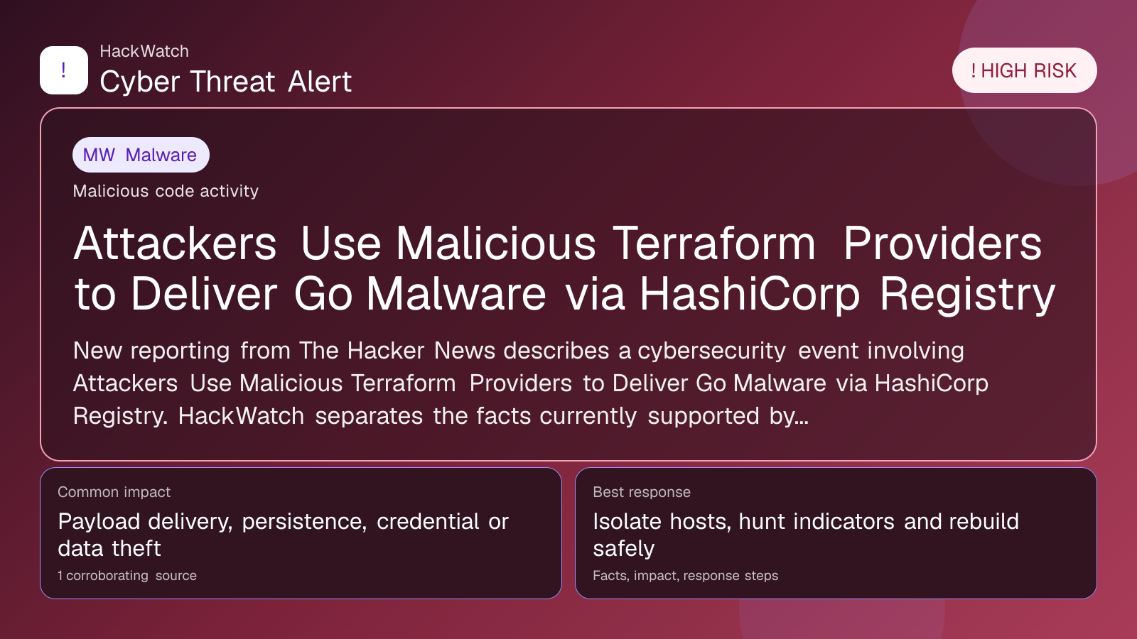 Attackers Use Malicious Terraform Providers to Deliver Go Malware via HashiCorp Registry - HackWatch malware alert image