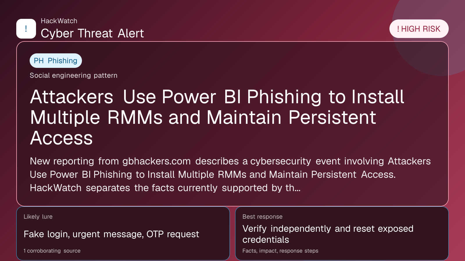 Attackers Use Power BI Phishing to Install Multiple RMMs and Maintain Persistent Access - HackWatch phishing alert image
