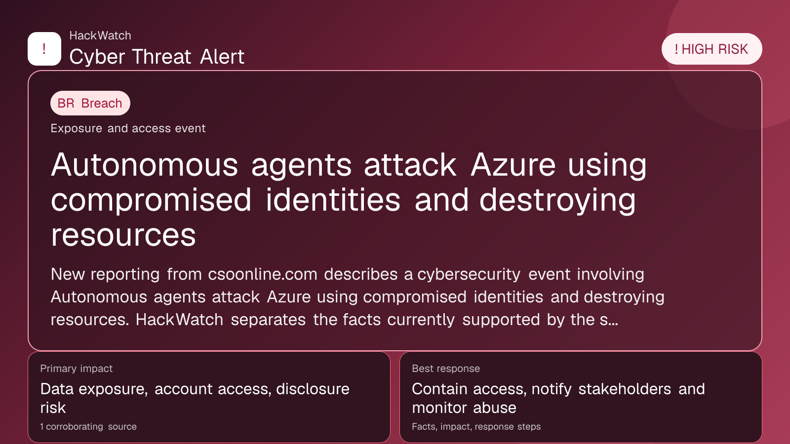 Autonomous agents attack Azure using compromised identities and destroying resources - HackWatch breach alert image