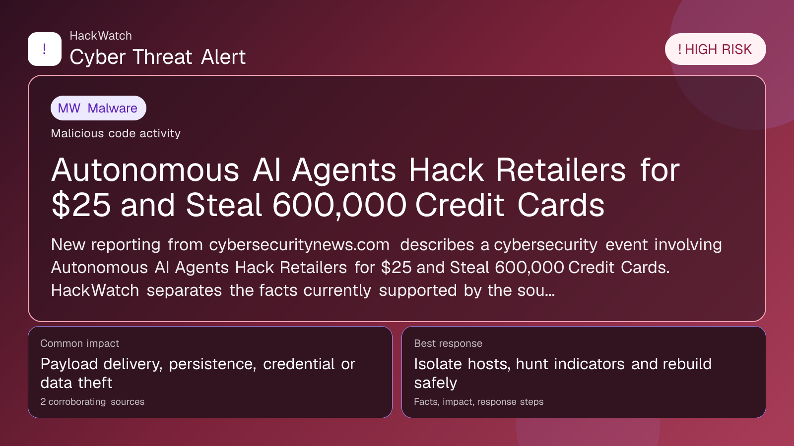 Autonomous AI Agents Hack Retailers for $25 and Steal 600,000 Credit Cards - HackWatch malware alert image