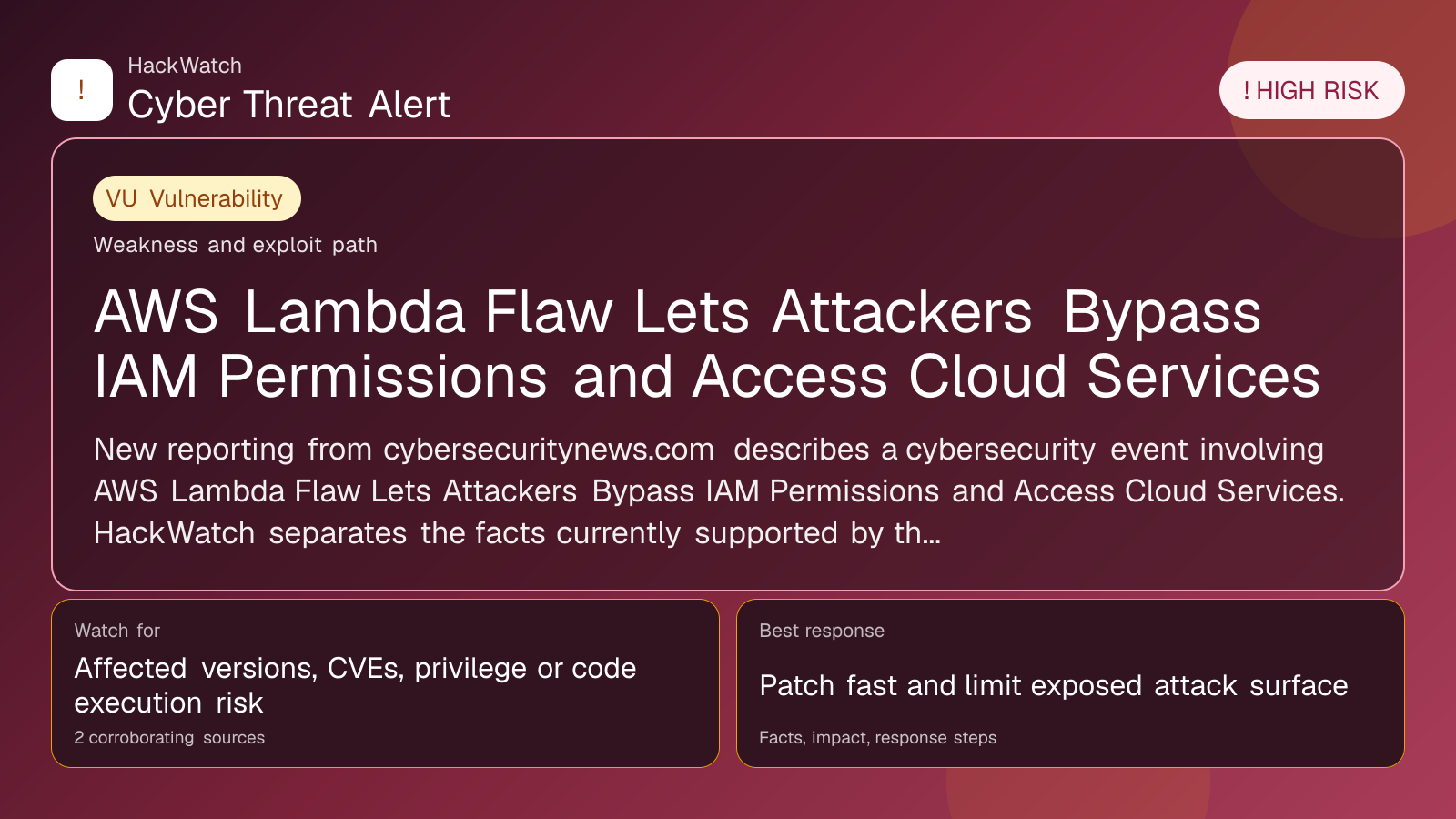 AWS Lambda Flaw Lets Attackers Bypass IAM Permissions and Access Cloud Services - HackWatch vulnerability alert image