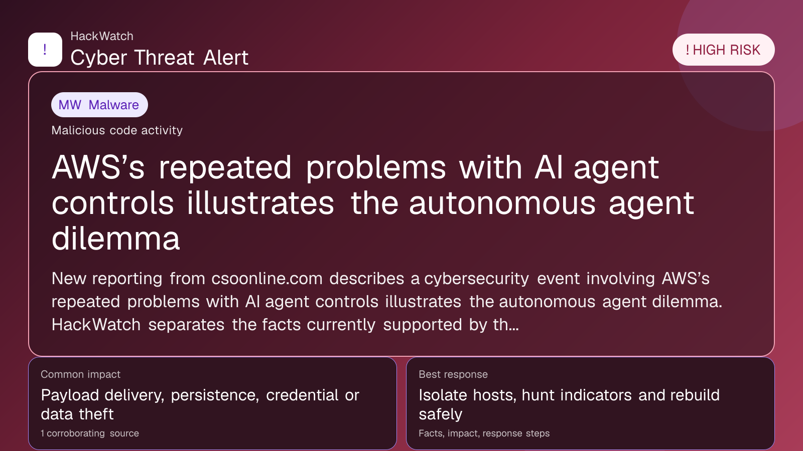 AWS’s repeated problems with AI agent controls illustrates the autonomous agent dilemma - HackWatch malware alert image