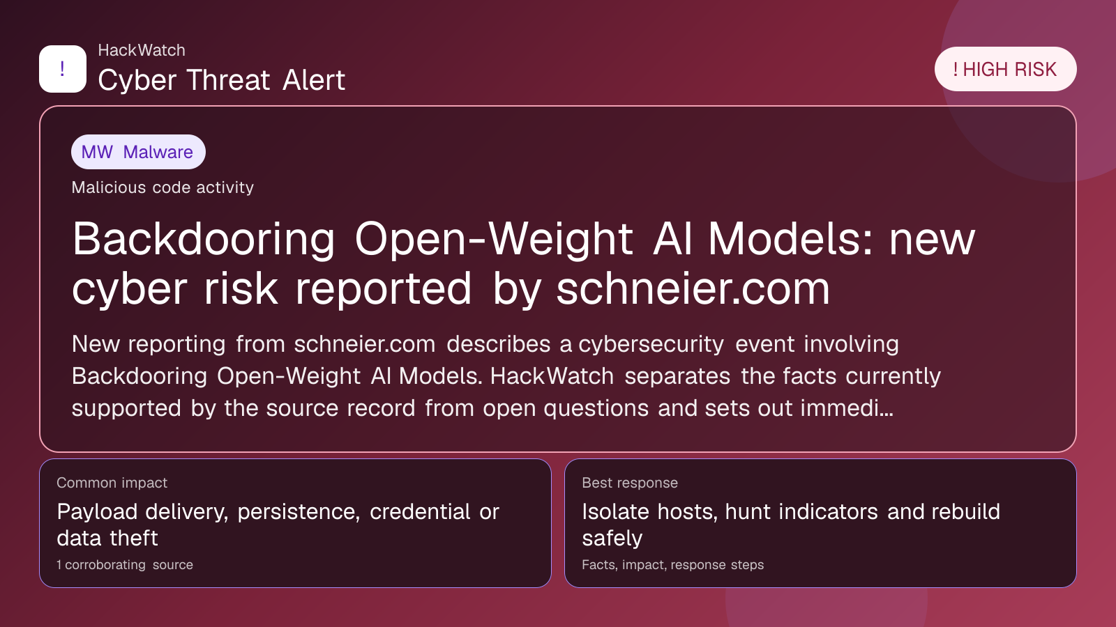 Backdooring Open-Weight AI Models: new cyber risk reported by schneier.com - HackWatch malware alert image