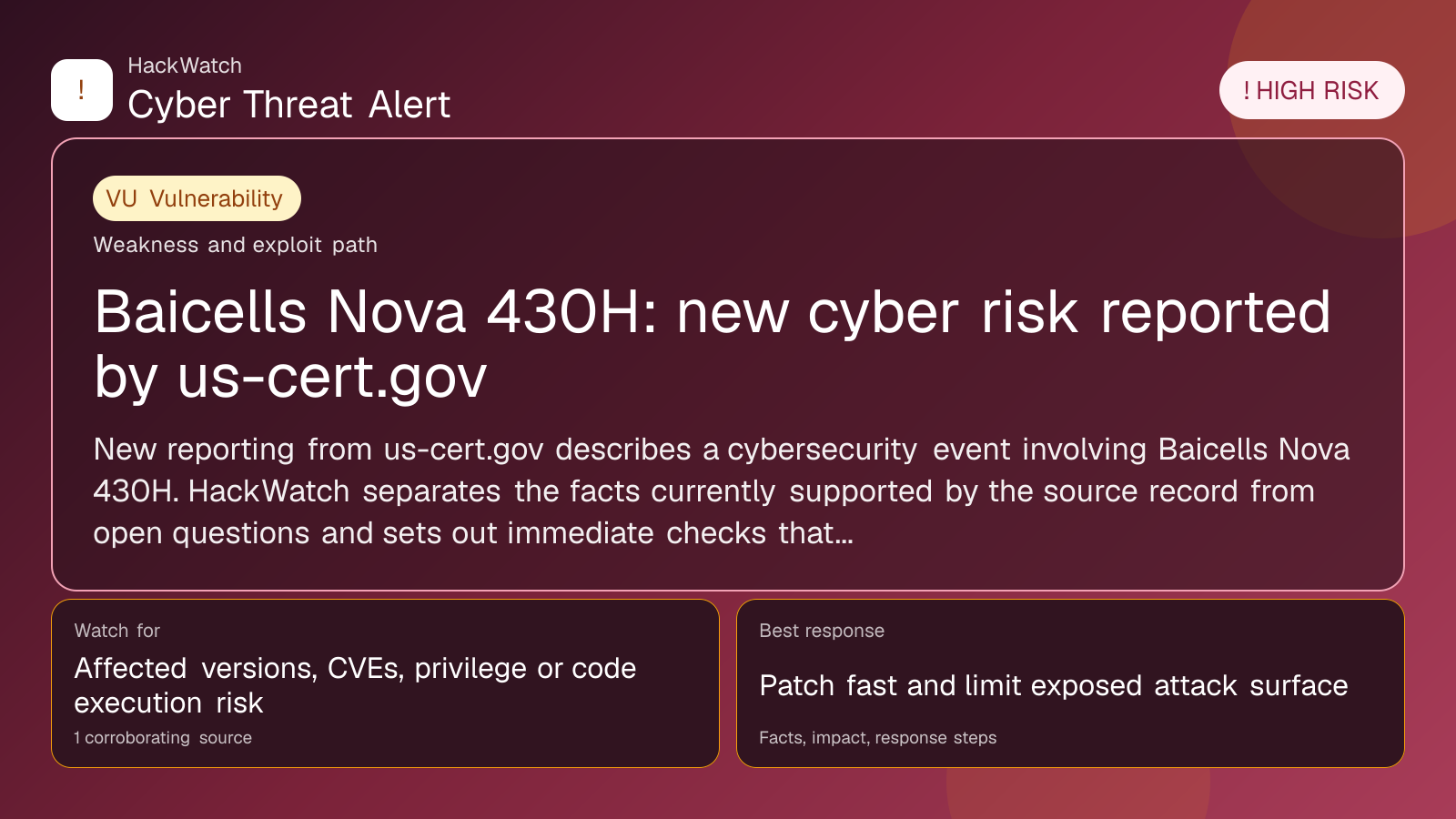 Baicells Nova 430H: new cyber risk reported by us-cert.gov - HackWatch vulnerability alert image