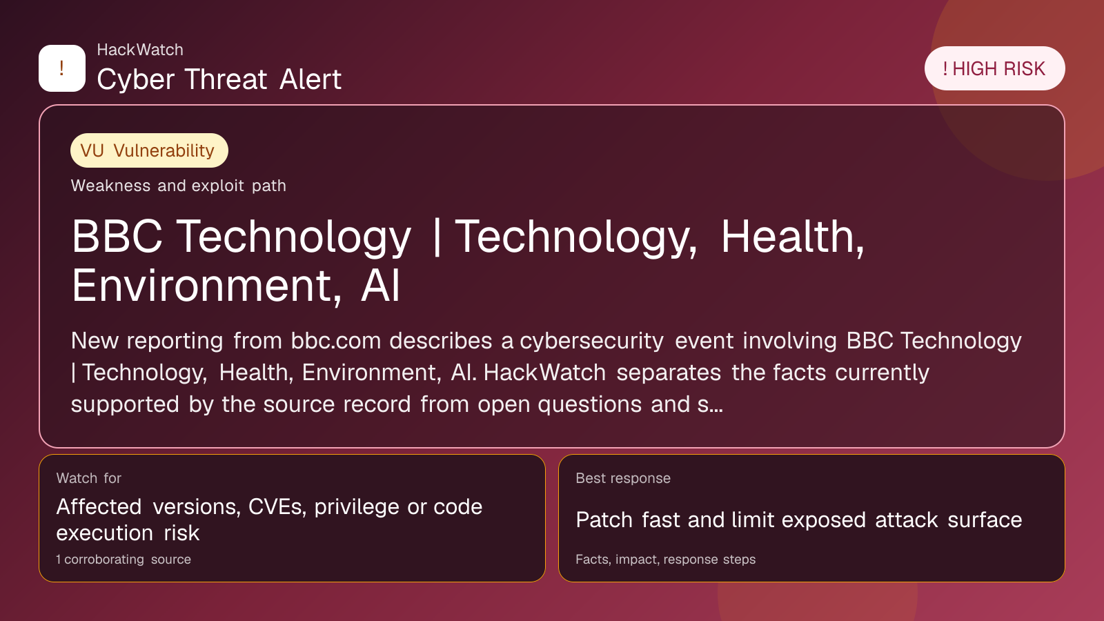 BBC Technology | Technology, Health, Environment, AI - HackWatch vulnerability alert image